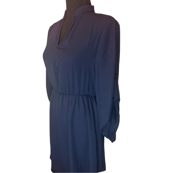 Poema Silky Navy V-Neck Mini Dress Flowy Button up 3/4 Sleeves Sz S - Picture 4 of 12